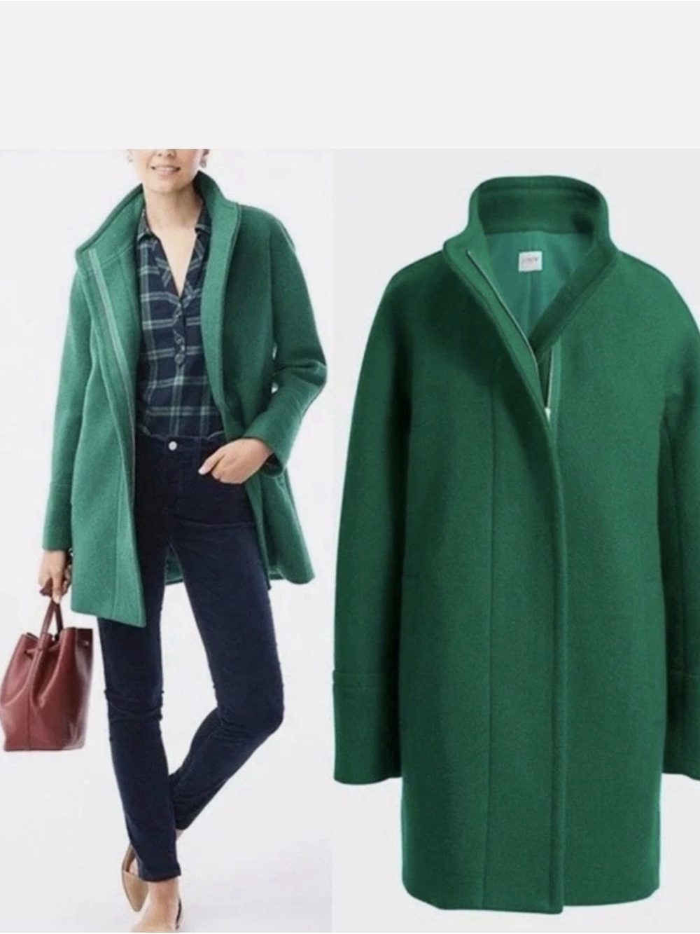 J. Crew Emerald Green Wool-Blend Stand-Collar City Coat Pea Coat